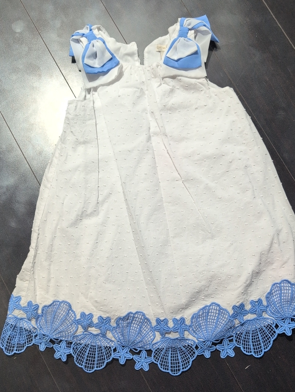 Cynthia Rowley White Eyelet Dress with Light Blue Trim and Shell Embroidery